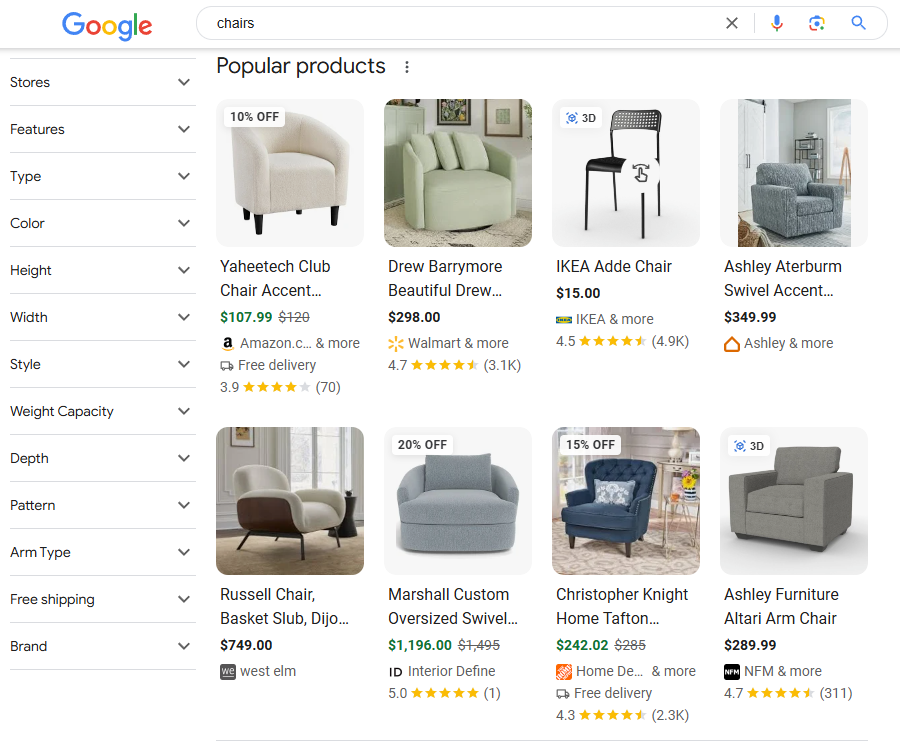 Google Shopping popular choices section on Google Search demonstration screenshot