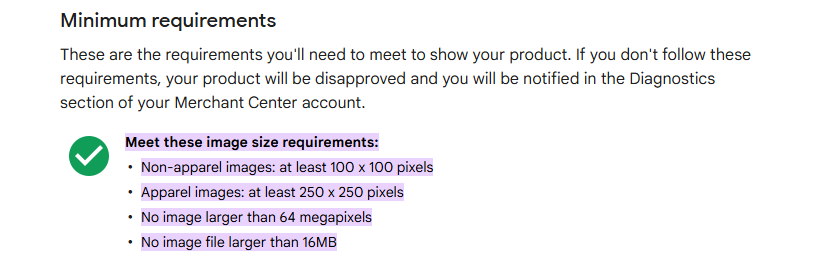 Google's Merchant Center for Google Shopping Image Dimensions and Sizing Policy screenshot