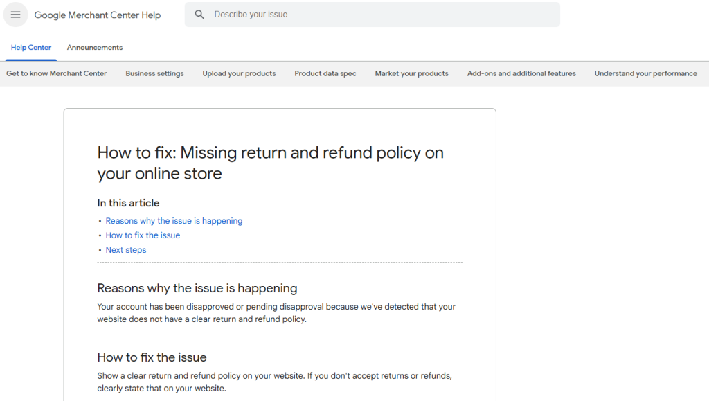 Google's Guidelines and Policies regarding a missing refund or return policy being clearly stated on your website otherwise it could trigger a Google Merchant Center Account Suspension