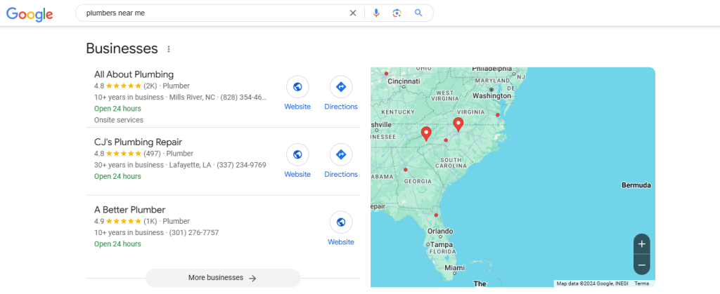 Google's local seo 3 pack for local seo for plumbing businesses screenshot example