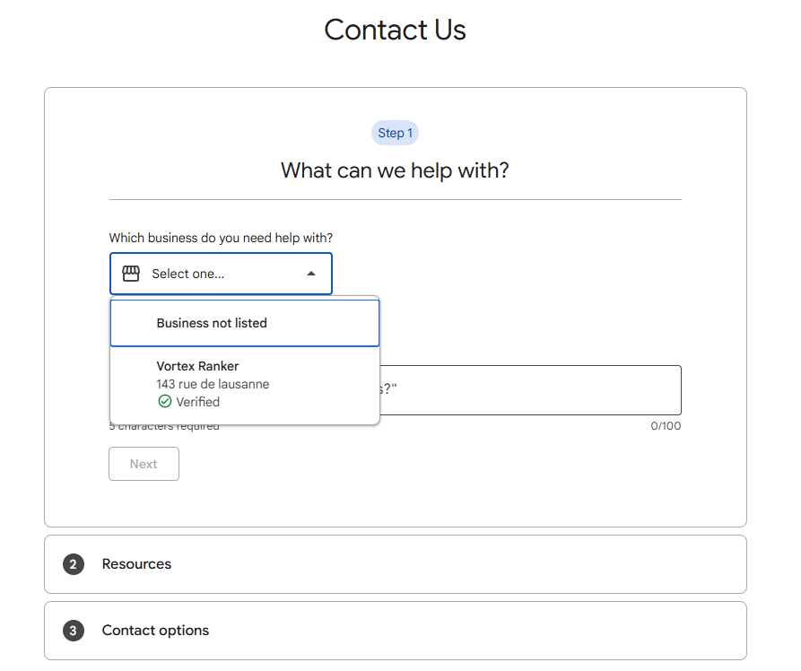 In the first step, select the GBP business profile you wish to resolve an issue with