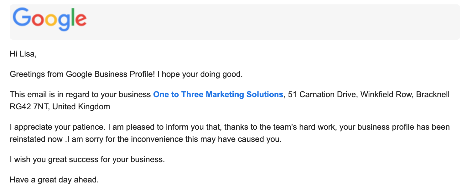 Responding to Google's support emails when trying to fix a suspended GBP