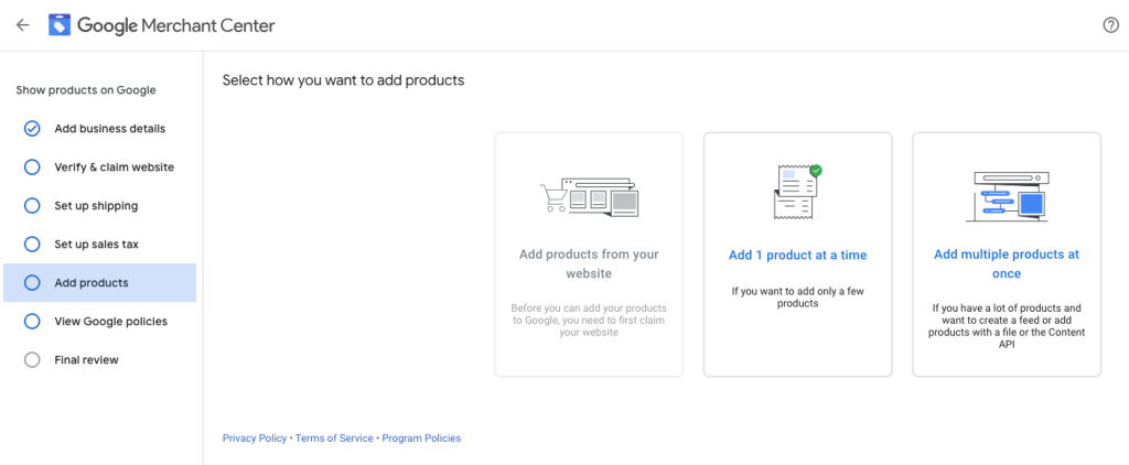 Screenshot showing how to Add and Optimize your products and product catalog on Google Shopping