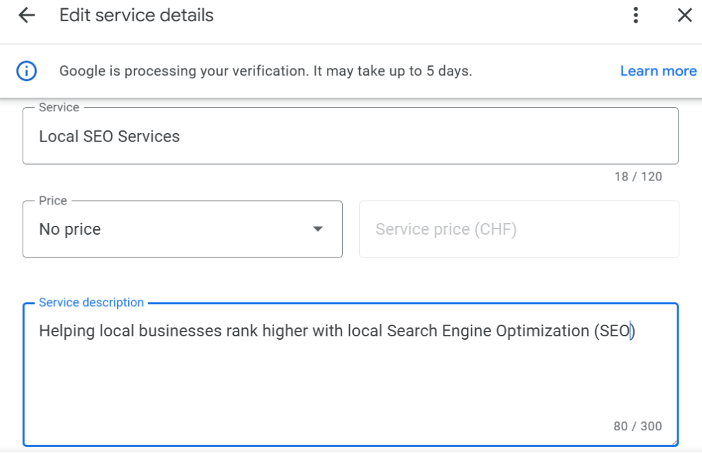 Screenshot showing how to add a service description when adding a service to your Google Business Profile