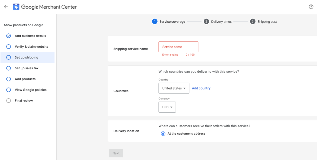 Screenshot showing how to set up your shipping information for Google Shopping on Your Google merchant Center Account