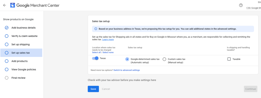 Screenshot showing how to set up your tax information for Google Shopping on Your Google merchant Center Account