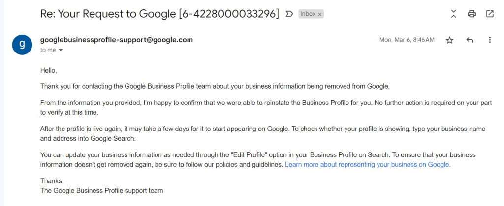 Staying persistent with follow up emails with Google Support