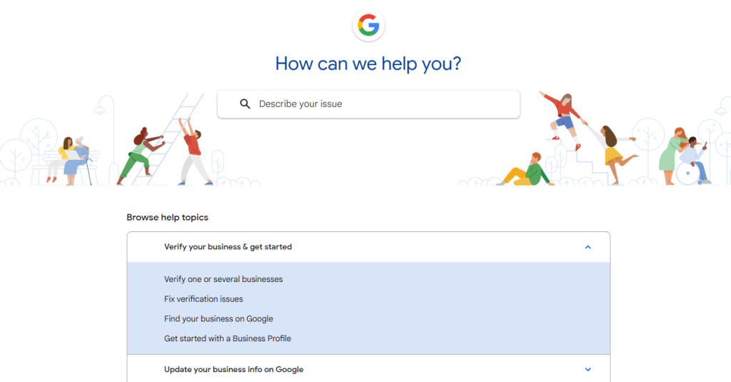 The google business support official page for dealing with issues related to your GBP page