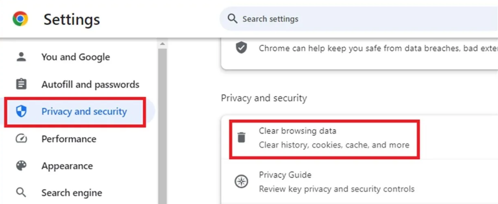 screenshot showing how to start Clearing your browser cache on Google Chrome