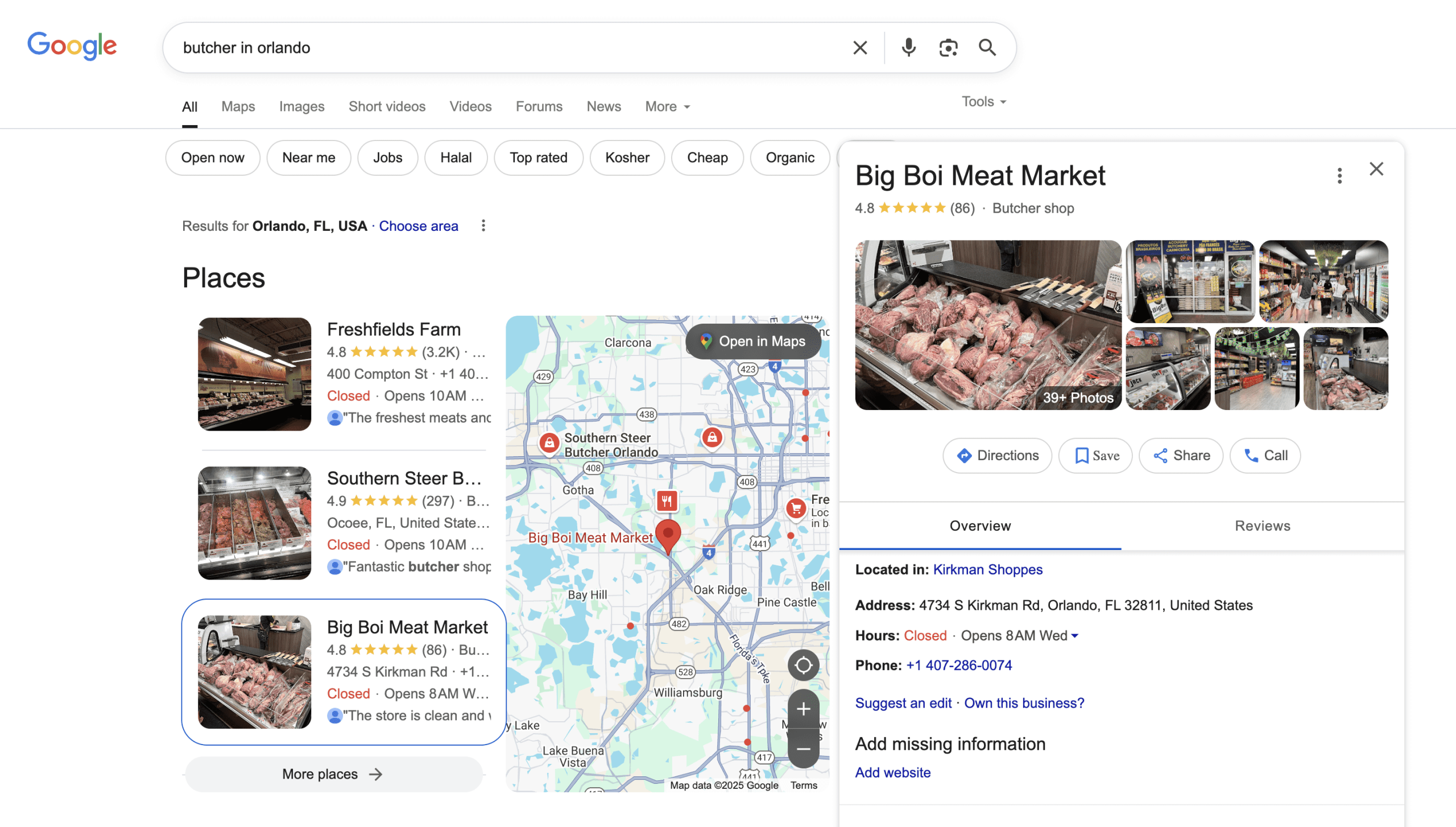 A butcher Shop in Orlando's Local Rankings from Local SEO on Google Maps