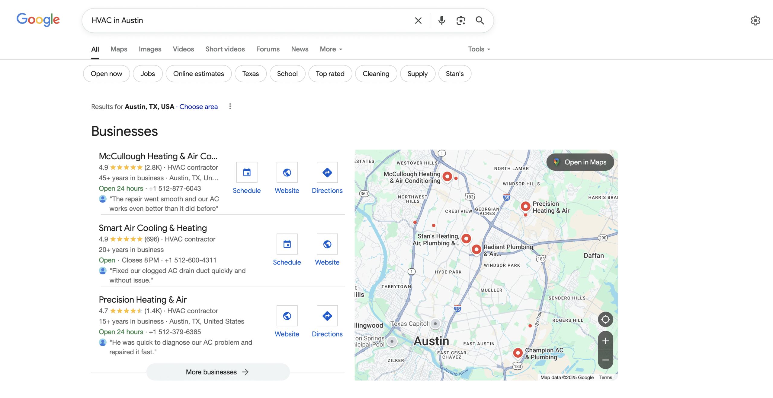An example of how local SEO works showing Google's 3 pack for searches for a query about HVAC in Austin