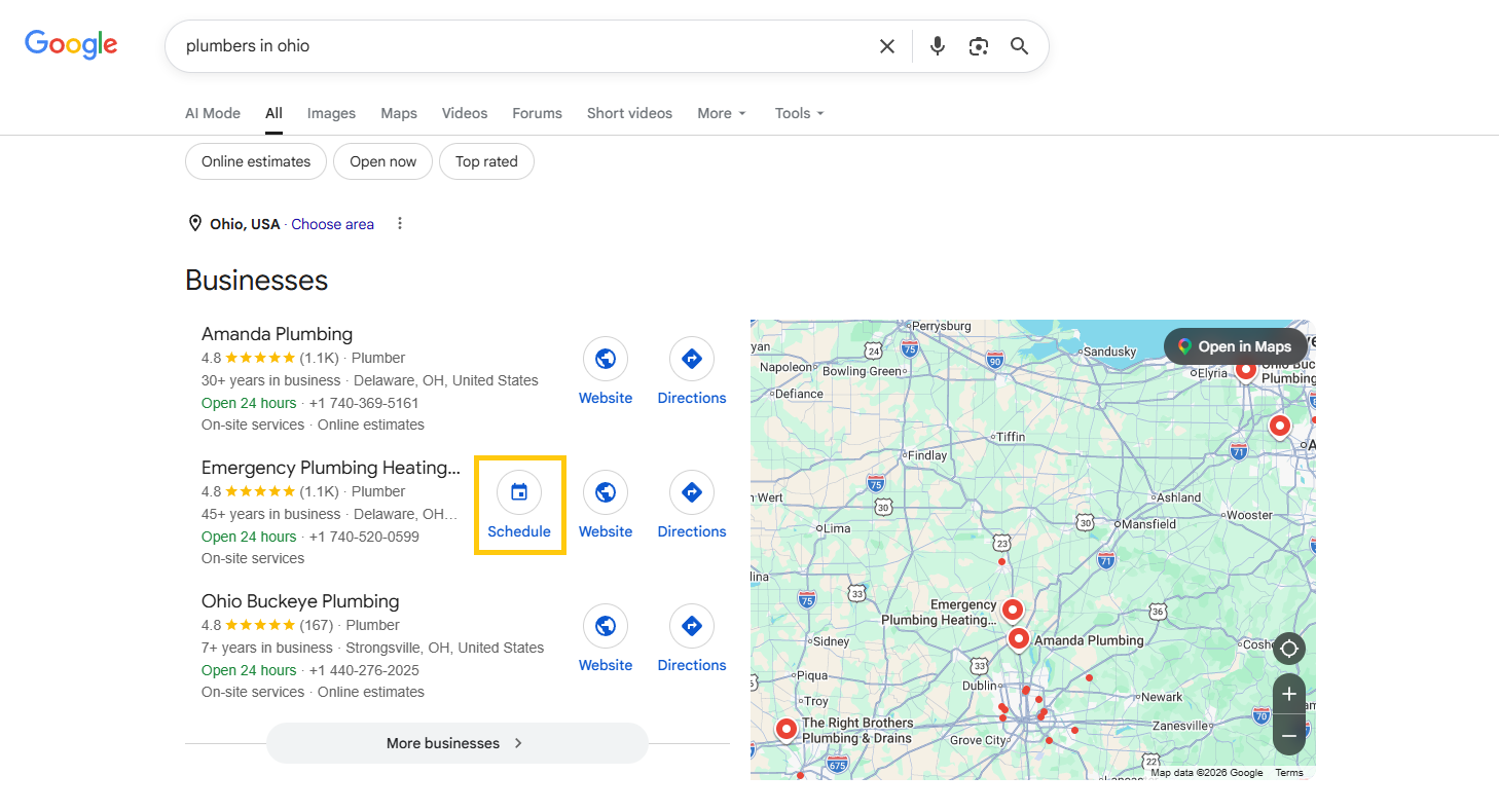 Comparison of Local Pack results with and without Schedule buttons added to your business profile on google maps.